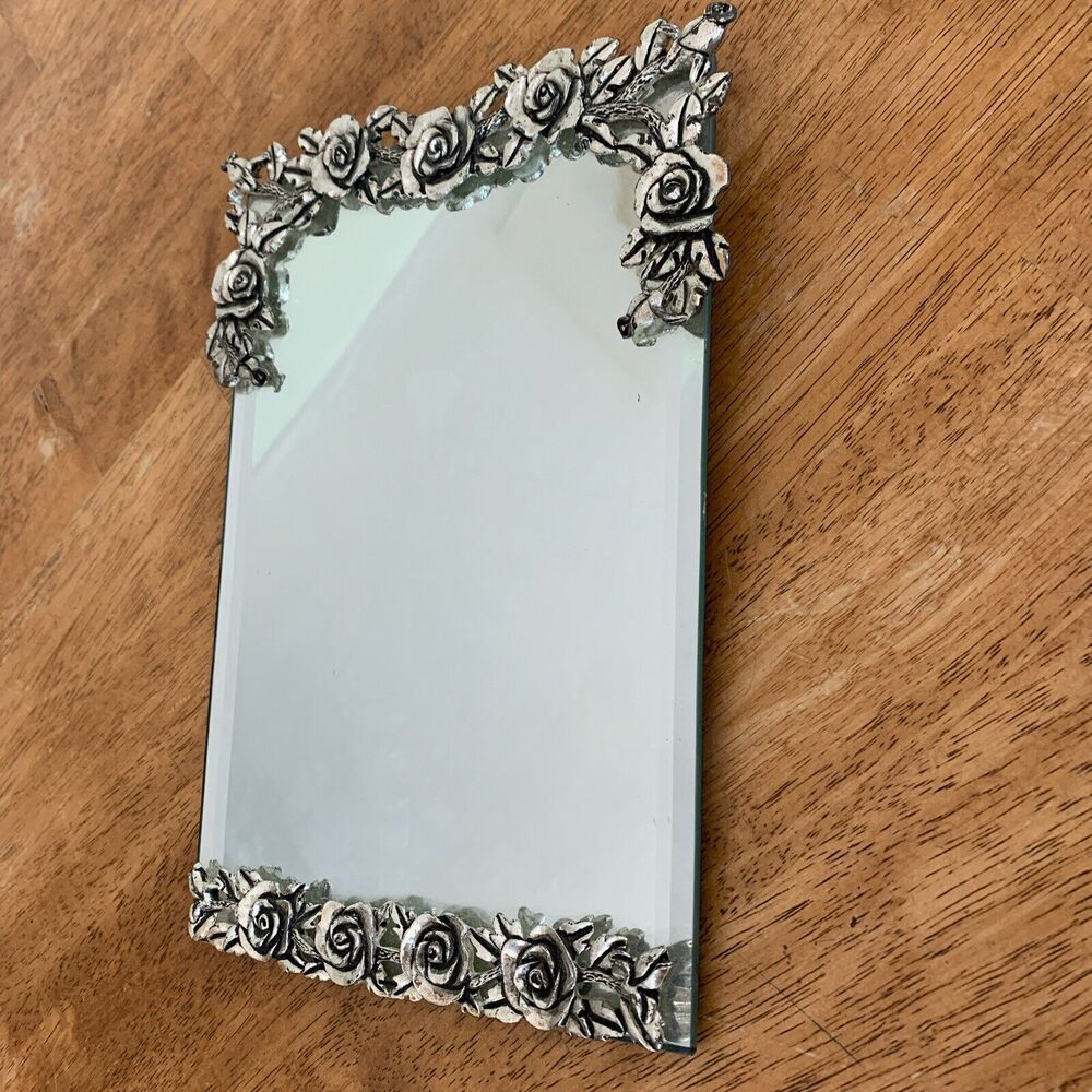 ORNATE VINTAGE VICTORIAN HAND‎ PAINTED ROSES EASEL SILVER PLATE VANITY MIRROR